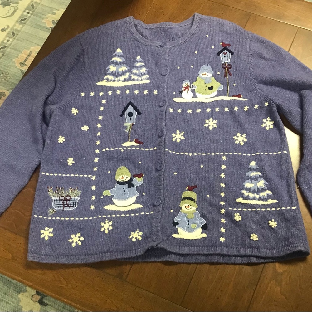 Purple Snowman Cardigan Holiday Sweater